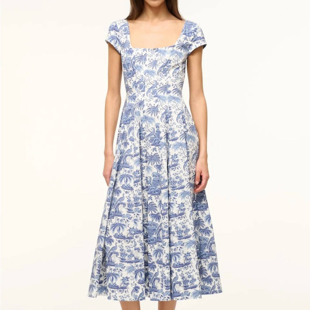 NWT STAUD SHORT SLEEVE WELLS DRESS BLUE TOILE size 6